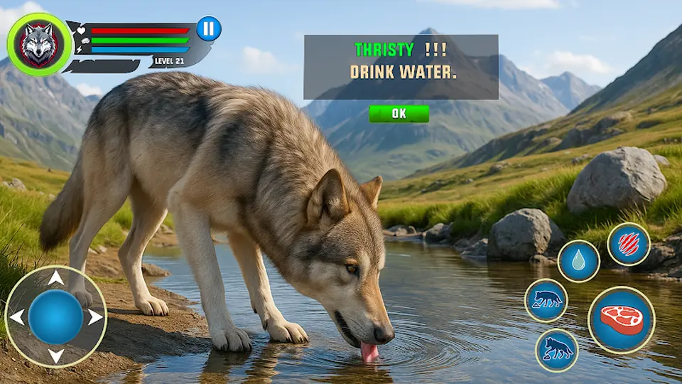 Two wolves drinking together at a forest river