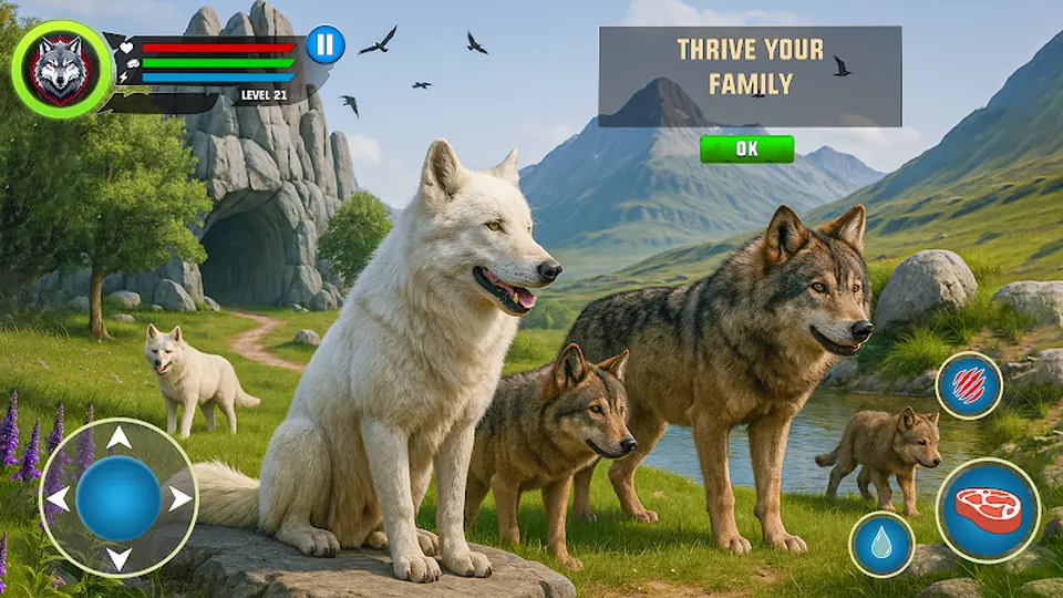 A white wolf and pup standing together with a 