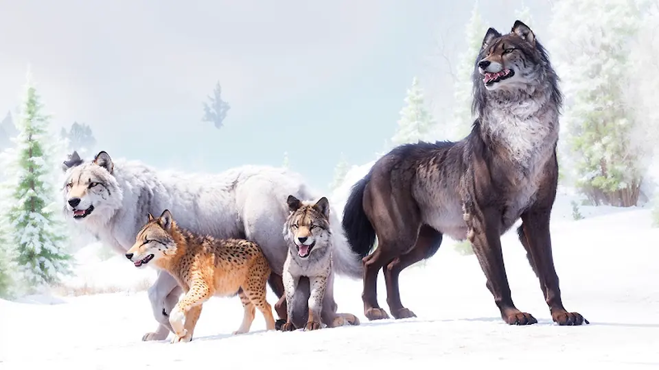 Three wolves of different colours standing on a snowy ridge