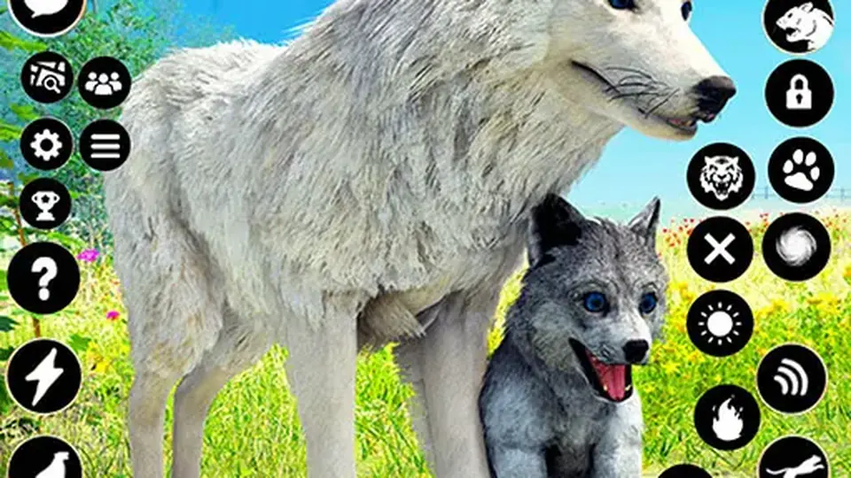 Close-up icon art of a white arctic wolf with a pup at its side