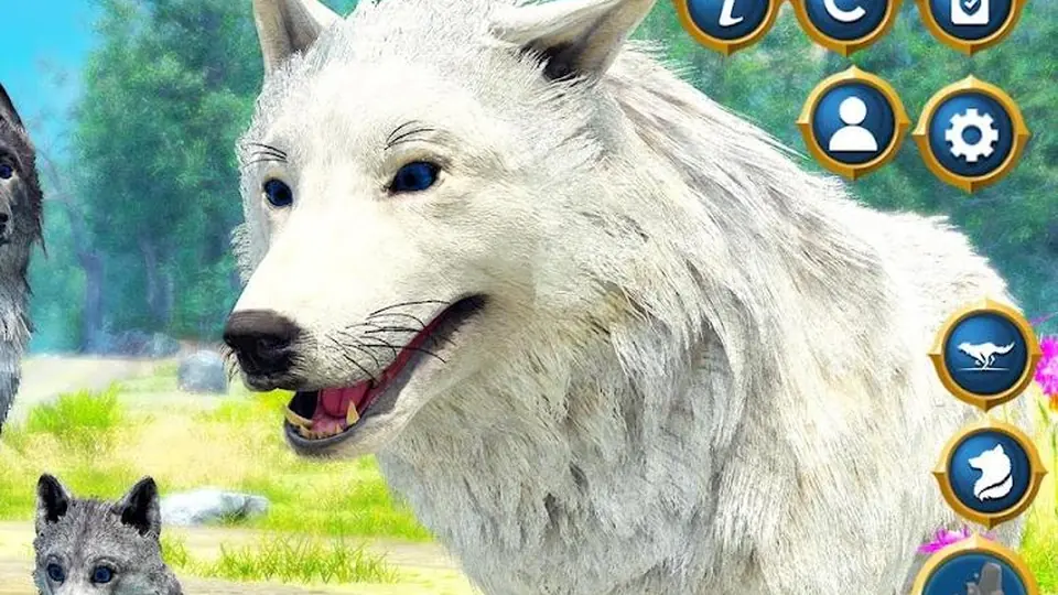 Close-up of a white wolf’s face with a grey pup beside it