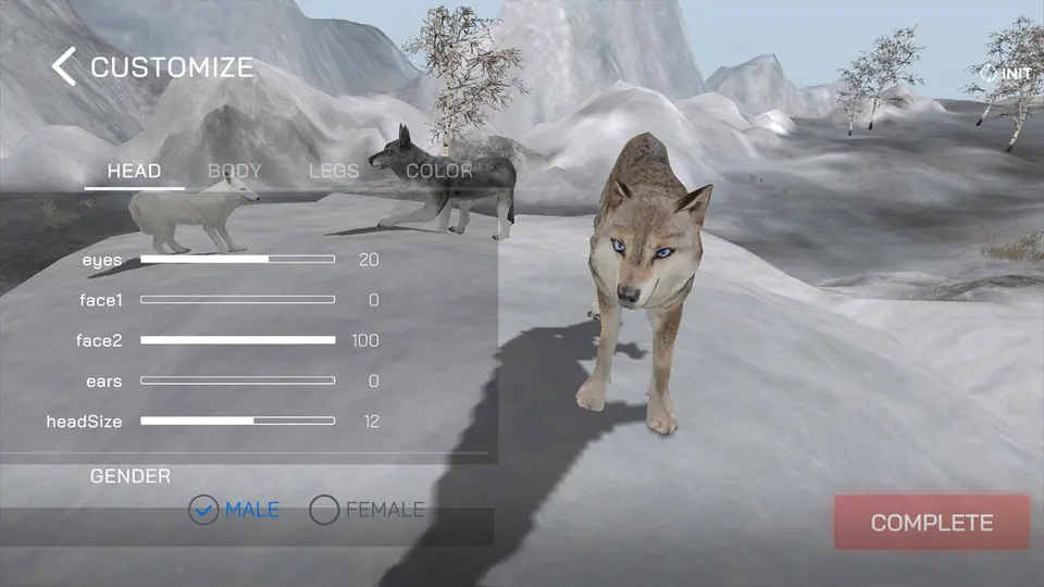 A wolf character customisation screen with sliders and two preview wolves in a snowy landscape