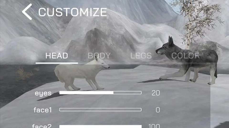 Detail of customisation sliders and background wolf models on an icy mountainside