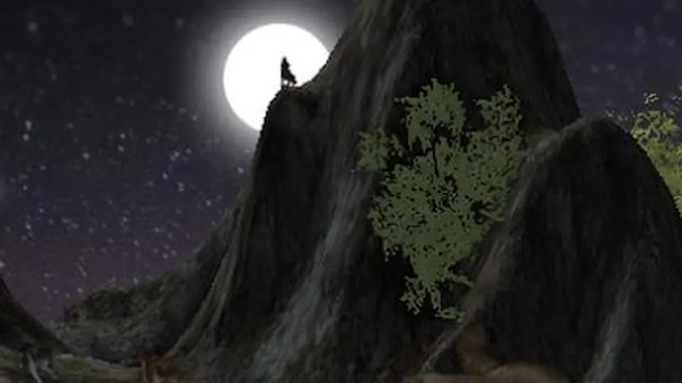 A lone wolf silhouette howling at a full moon from a mountain peak