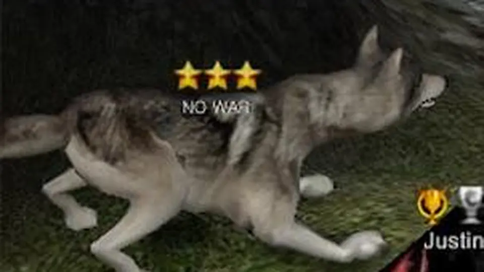 A single grey wolf running across grass with a three-star rank badge