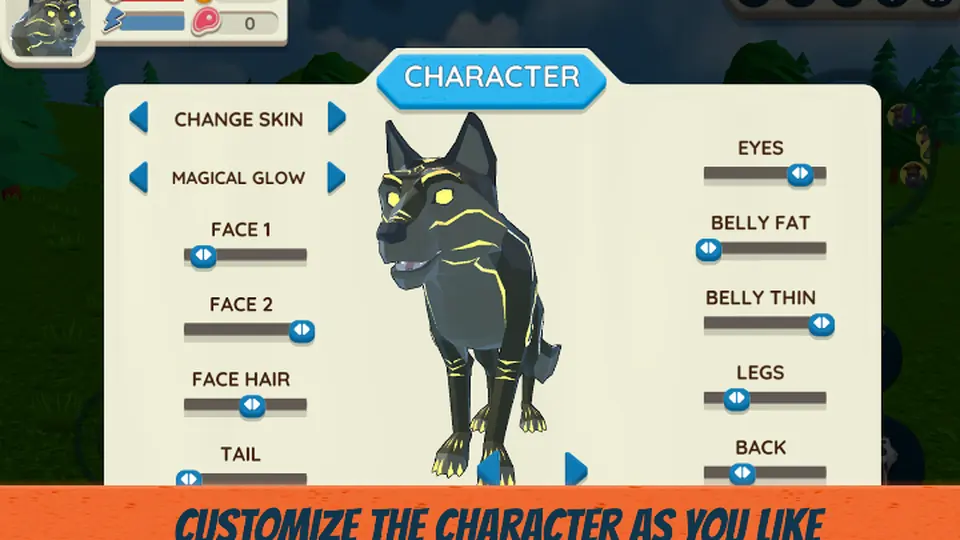 A stylised wolf character on a customisation screen with sliders for face and body