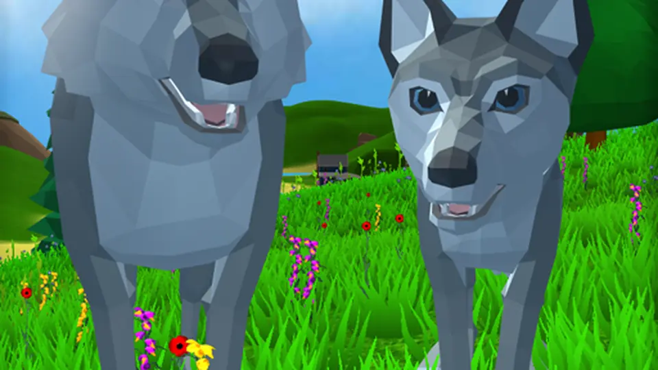 Two low-poly wolves standing together in a flower field